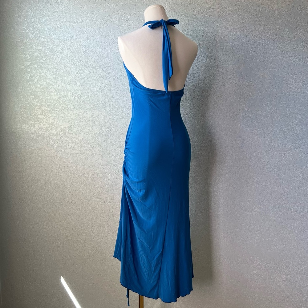 Vintage Y2K Blue Halter Bodycon Dress Made In USA Stretch Retro 90s M - Picture 3 of 8